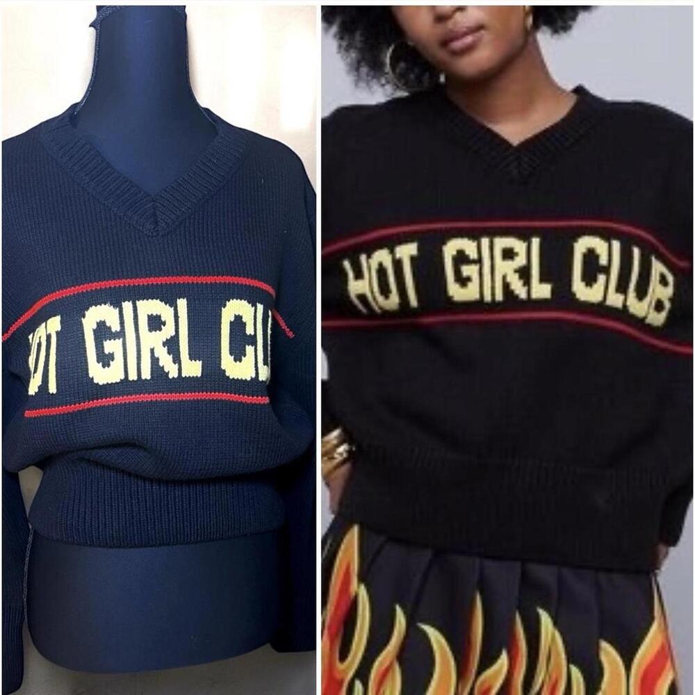 Hot Girl Club Graphic Knit Sweater V Neck Cropped Streetwear Small